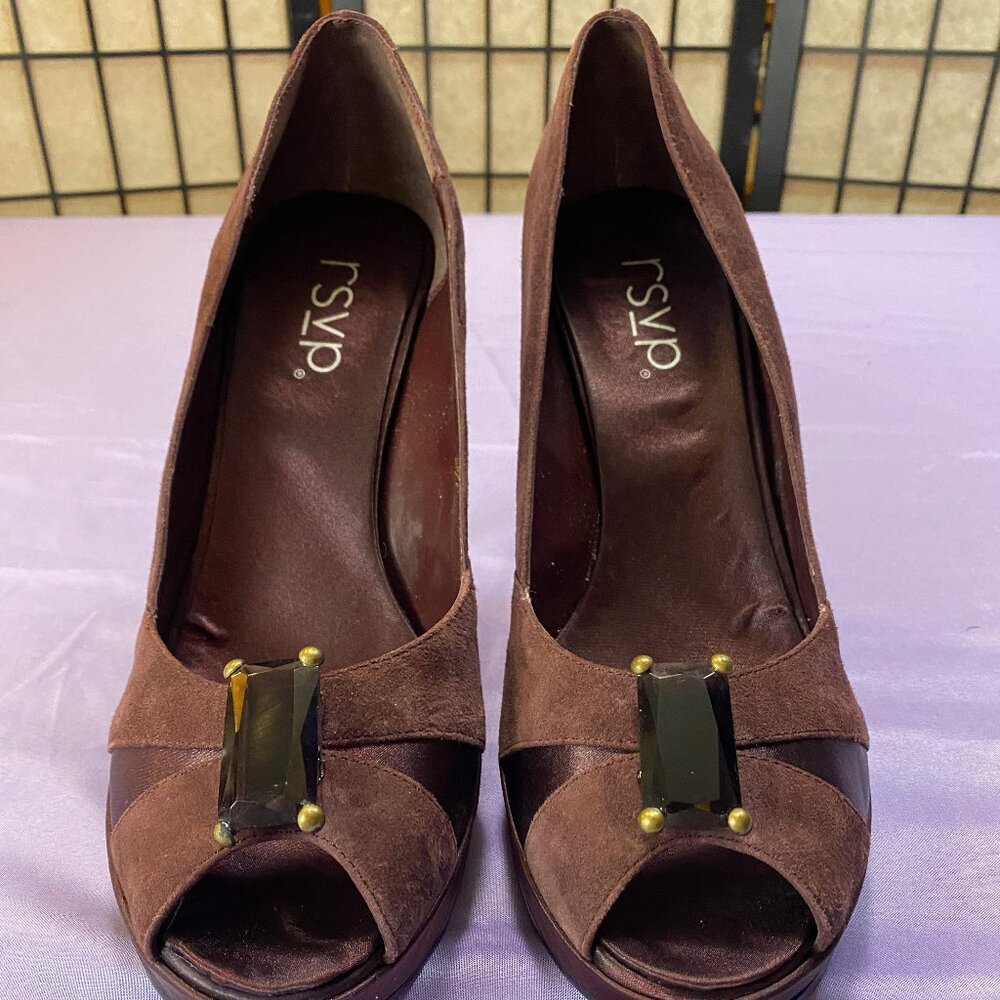 SATIN & SUEDE & SEXY by RSVP brand aubergine open toe jeweled pumps
